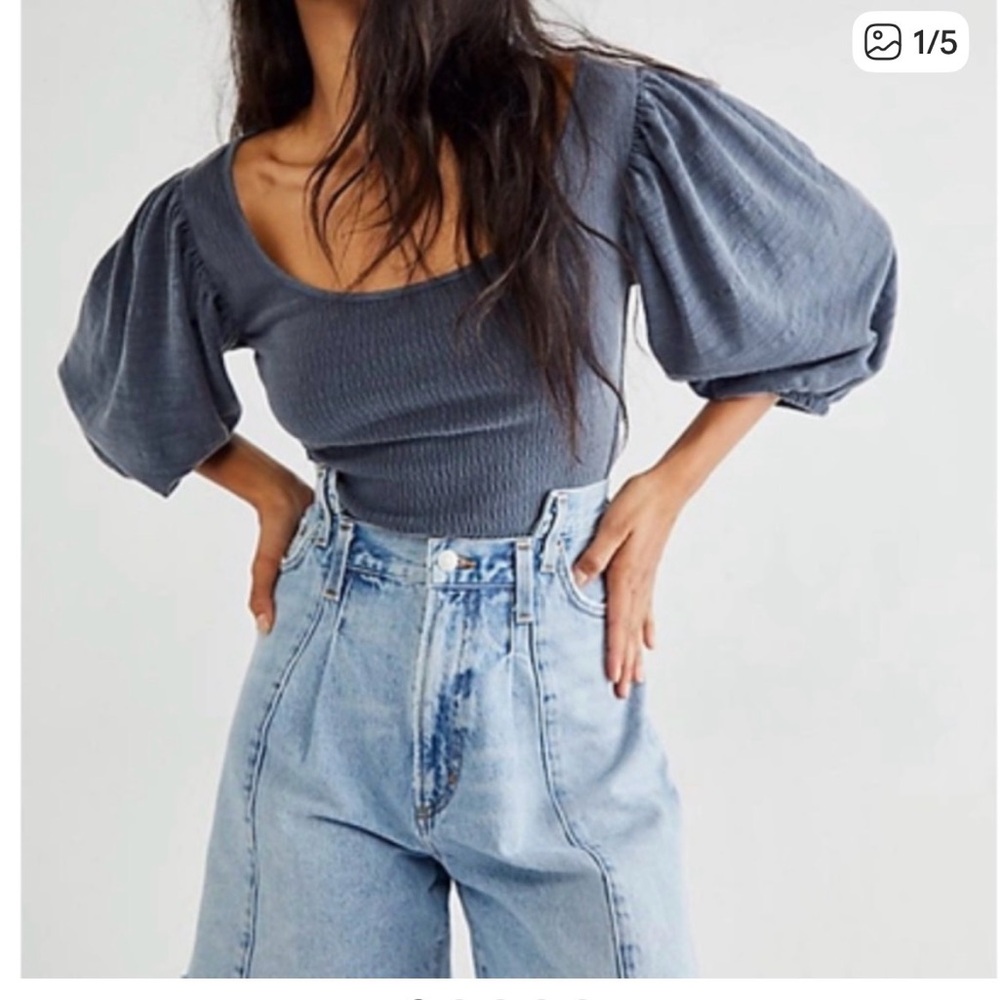 Free People Day Lily top Charcoal Blue Puff Sleeve Blouse